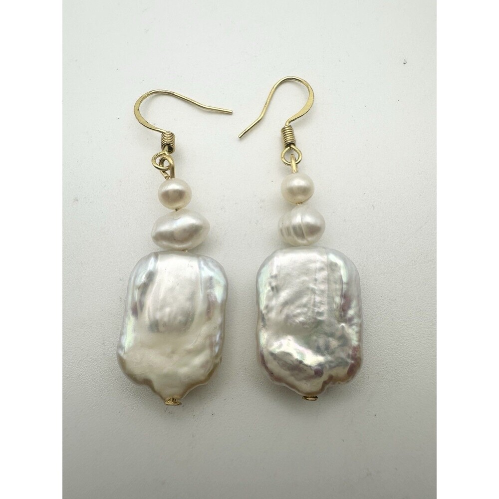 Gold Plated Natural Rectangular Baroque Pearl Earrings